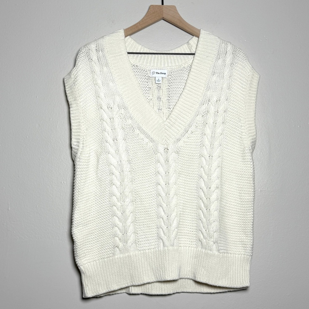 The Drop‎ Womens Cable Knit Sweater Vest M White V-Neck Academia Preppy College